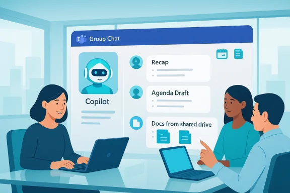 Team members in a modern office review a Copilot-powered group chat on a large screen.