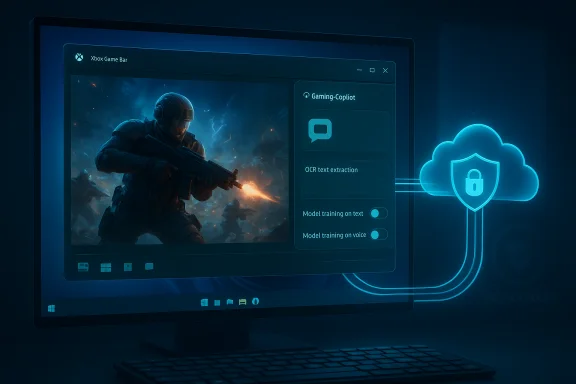 PC monitor shows a shooter game with a blue neon cloud security overlay. PC monitor shows a shooter game with a blue neon cloud security overlay.