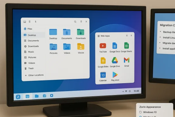 A monitor showing a Zorin OS desktop with Windows‑style apps and a Zorin Appearance panel. A monitor showing a Zorin OS desktop with Windows‑style apps and a Zorin Appearance panel.