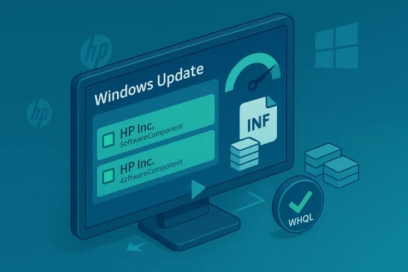 Windows Update dashboard on a monitor, highlighting HP components and a WHQL badge. Windows Update dashboard on a monitor, highlighting HP components and a WHQL badge.