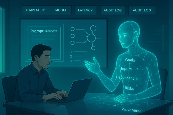 A man on a laptop consults a holographic AI advisor displaying goals, inputs, and risks. A man on a laptop consults a holographic AI advisor displaying goals, inputs, and risks.