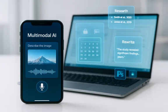 A phone shows Multimodal AI interface next to a laptop with holographic research panels. A phone shows Multimodal AI interface next to a laptop with holographic research panels.