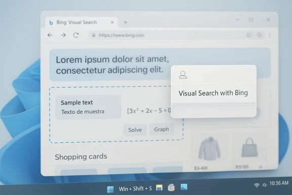Web page mockup featuring lorem ipsum text, a dashed blue card, and a Bing Visual Search panel. Web page mockup featuring lorem ipsum text, a dashed blue card, and a Bing Visual Search panel.