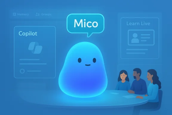 A glowing blue mascot 'Mico' speaks at a round table with a team, amid futuristic UI panels. A glowing blue mascot 'Mico' speaks at a round table with a team, amid futuristic UI panels.