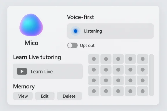 Voice-first tutoring UI featuring Mico avatar, a Learn Live button, listening status, and a memory grid. Voice-first tutoring UI featuring Mico avatar, a Learn Live button, listening status, and a memory grid.