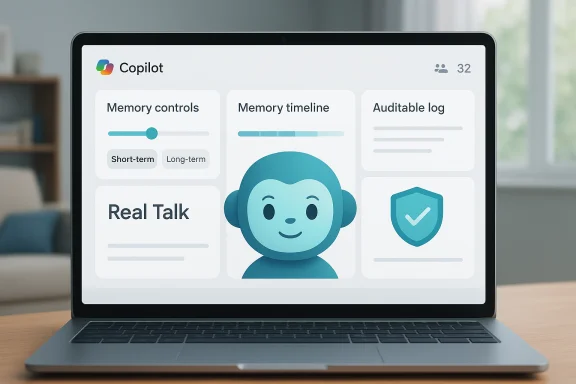 Laptop screen shows Copilot UI with a blue robot avatar and panels for Memory controls and Auditable log. Laptop screen shows Copilot UI with a blue robot avatar and panels for Memory controls and Auditable log.