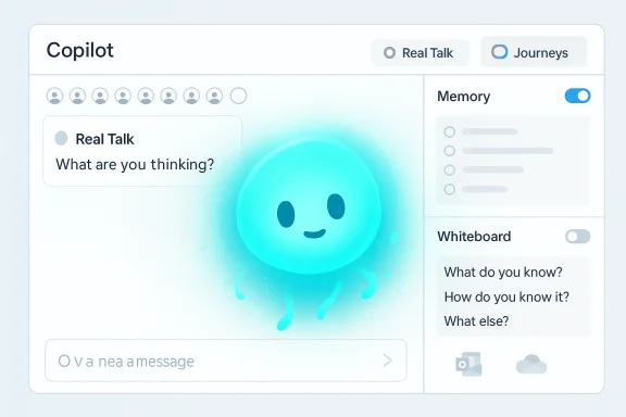 Copilot chat UI with a glowing cyan blob avatar and side memory/whiteboard panels. Copilot chat UI with a glowing cyan blob avatar and side memory/whiteboard panels.
