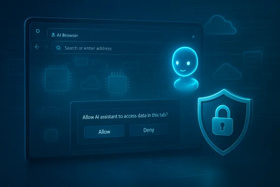 Futuristic browser prompts for AI data access, with a glowing AI avatar and shield. Futuristic browser prompts for AI data access, with a glowing AI avatar and shield.