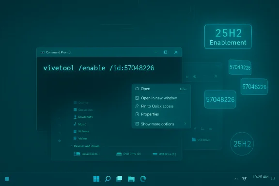 Futuristic Windows UI showing a vivetool enable command for 25H2. Futuristic Windows UI showing a vivetool enable command for 25H2.