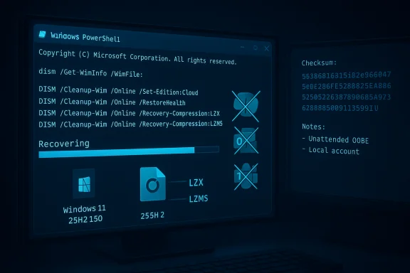 A Windows PowerShell window running DISM cleanup commands with a recovery progress bar. A Windows PowerShell window running DISM cleanup commands with a recovery progress bar.