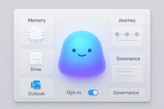 A friendly blue AI blob sits center on a data governance dashboard labeled Memory, Drive, Outlook, Journey, and Opt-in. A friendly blue AI blob sits center on a data governance dashboard labeled Memory, Drive, Outlook, Journey, and Opt-in.
