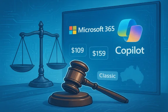 Gavel and scales of justice sit before a Microsoft 365 Copilot pricing screen.