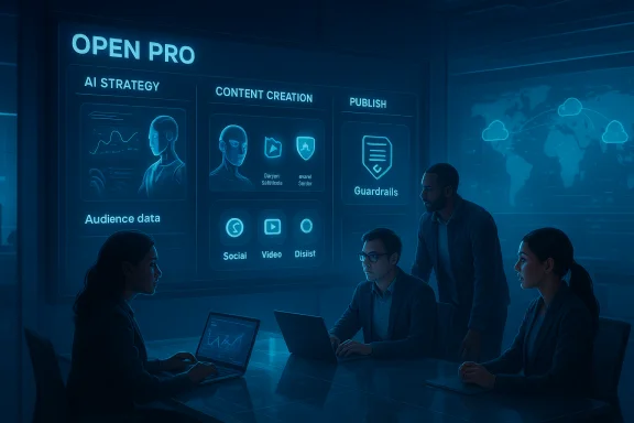 A team of professionals collaborates around laptops, reviewing AI strategy on a blue-lit wall display.