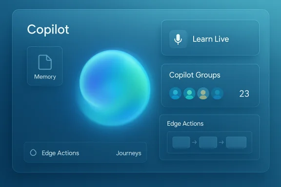 Copilot dashboard with a glowing blue orb and panels for Memory, Learn Live, Copilot Groups, and Edge Actions. Copilot dashboard with a glowing blue orb and panels for Memory, Learn Live, Copilot Groups, and Edge Actions.