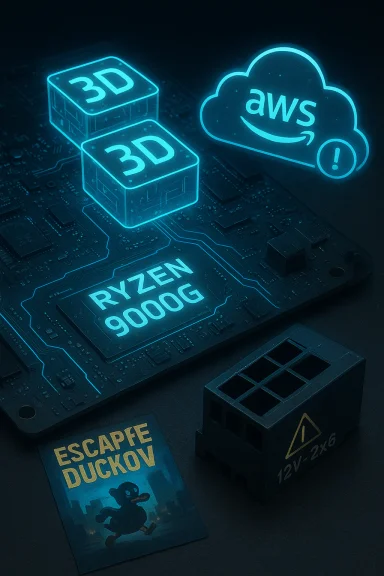 Glowing blue tech scene featuring Ryzen 9000G, 3D blocks, and an AWS cloud icon.