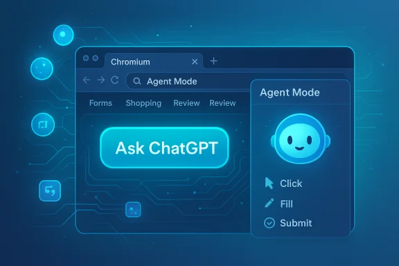 A futuristic blue UI featuring an “Ask ChatGPT” button and an Agent Mode panel. A futuristic blue UI featuring an “Ask ChatGPT” button and an Agent Mode panel.