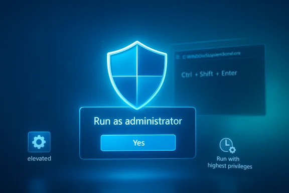A glowing Windows shield prompts 'Run as administrator' with a Yes button.
