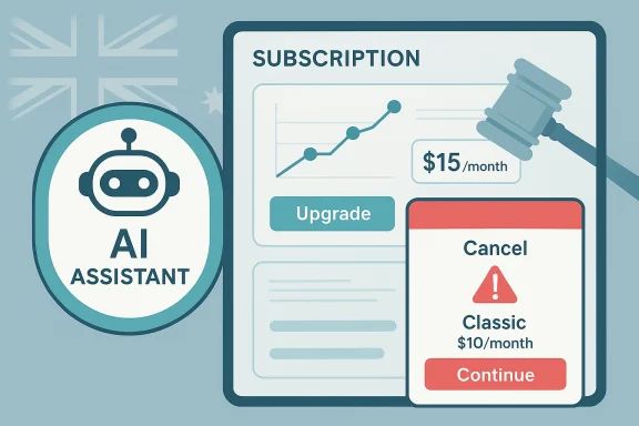 AI assistant subscription screen with upgrade and cancel options, showing $15/month and Classic $10/month.