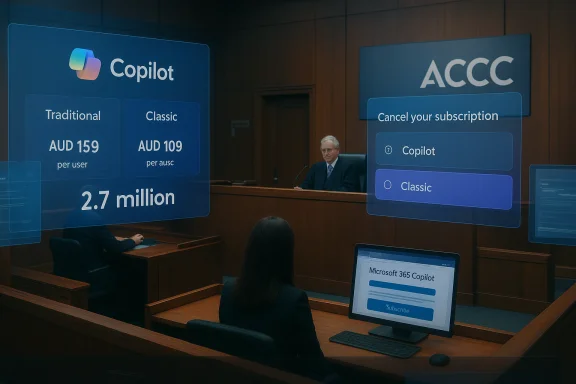 In a courtroom, holographic Copilot pricing panels hover as a judge presides.