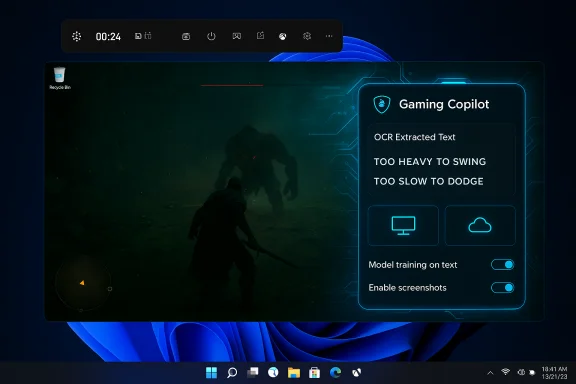 Windows desktop with a Gaming Copilot overlay showing OCR text on a dark action game scene. Windows desktop with a Gaming Copilot overlay showing OCR text on a dark action game scene.
