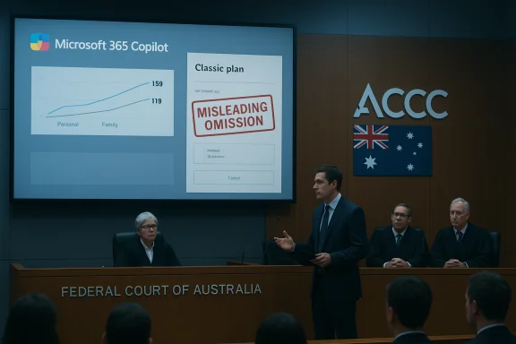 A lawyer presents at the Federal Court of Australia, showing a slide about Microsoft 365 Copilot.