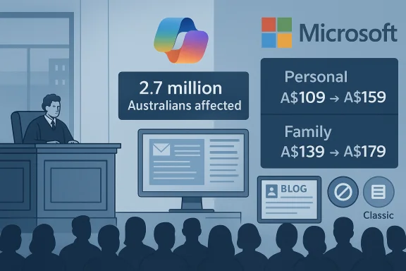 Stage presentation with a judge, audience silhouettes, and Microsoft branding; 2.7 million Australians affected.