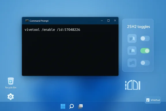 Command prompt showing vivetool /enable /id:57048226 on a Windows desktop with 25H2 toggles. Command prompt showing vivetool /enable /id:57048226 on a Windows desktop with 25H2 toggles.