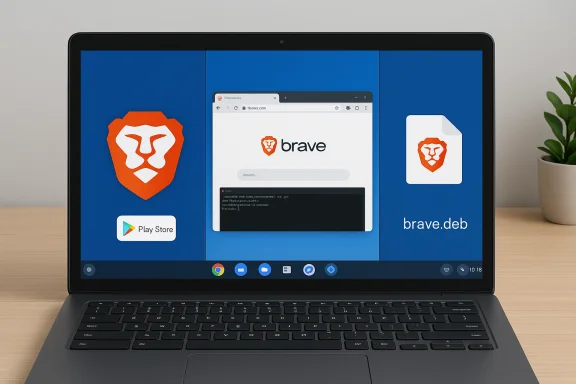Laptop display showing Brave branding with the lion logo and app icons on a blue panel. Laptop display showing Brave branding with the lion logo and app icons on a blue panel.