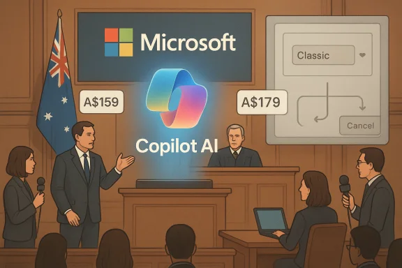 Australian hearing on Microsoft Copilot AI pricing, with A$159 and A$179.