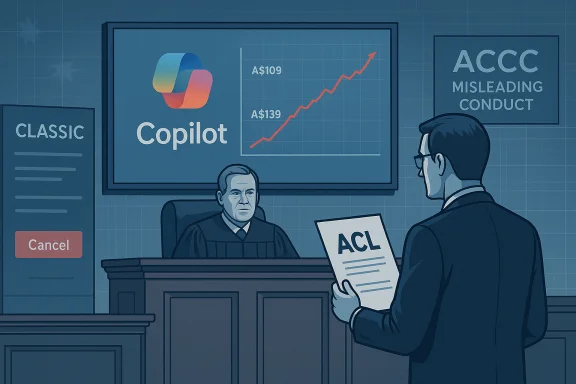 Courtroom scene as a lawyer shows an ACL document while a Copilot chart and ACCC misleading conduct sign loom.