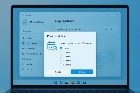 Laptop screen showing Windows settings with a Pause updates dialog (1–5 weeks). Laptop screen showing Windows settings with a Pause updates dialog (1–5 weeks).