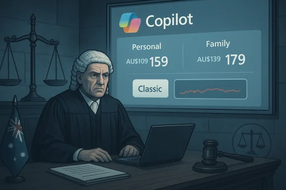 A judge in a wig and robe sits at a desk while Copilot pricing appears on a laptop. A judge in a wig and robe sits at a desk while Copilot pricing appears on a laptop.