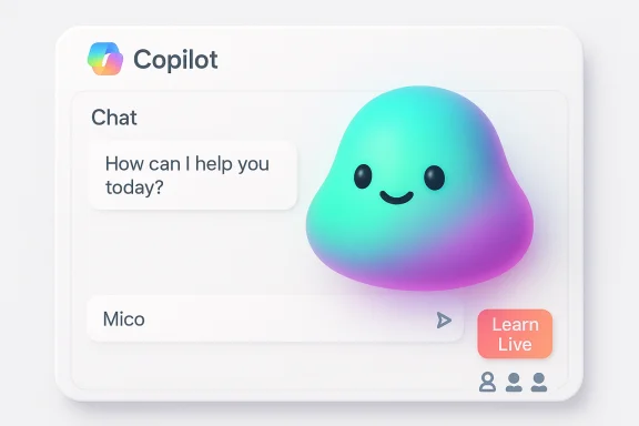 Copilot chat UI with a friendly gradient blob mascot and a Learn Live button. Copilot chat UI with a friendly gradient blob mascot and a Learn Live button.