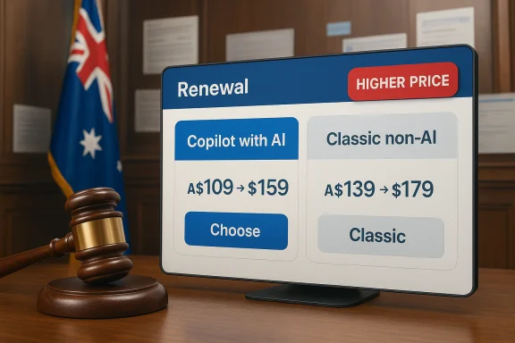 Gavel sits beside a monitor displaying renewal pricing options: Copilot with AI or Classic non-AI. Gavel sits beside a monitor displaying renewal pricing options: Copilot with AI or Classic non-AI.