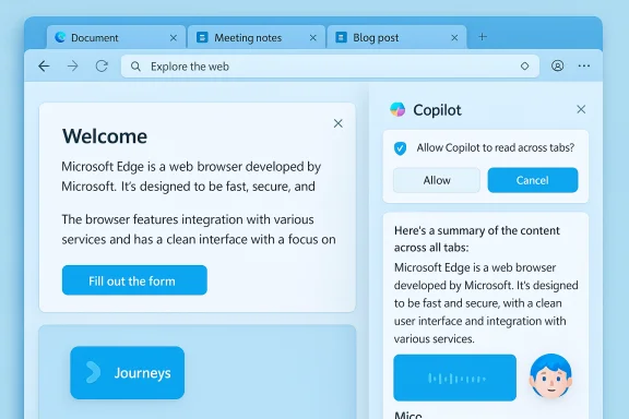 Blue Edge-like browser UI with a Welcome panel and a Copilot prompt. Blue Edge-like browser UI with a Welcome panel and a Copilot prompt.