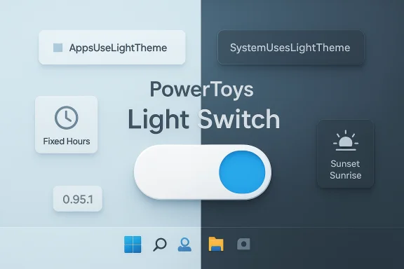 Split UI showing PowerToys Light Switch toggling between light and dark themes.