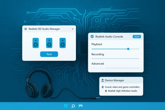 Realtek audio management UI panels float over a blue circuit background with headphones. Realtek audio management UI panels float over a blue circuit background with headphones.
