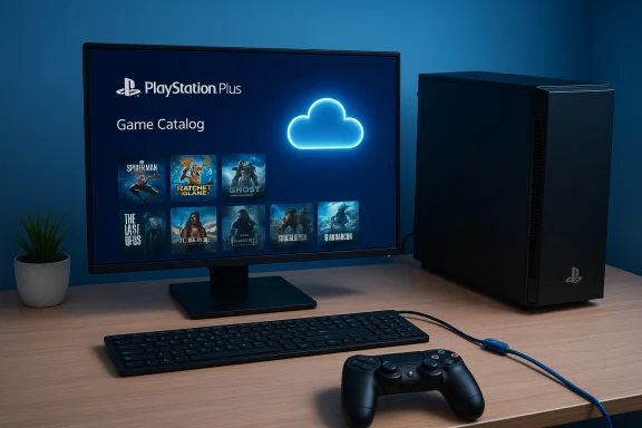 PlayStation Plus game catalog on a monitor with a glowing cloud icon beside a PC tower. PlayStation Plus game catalog on a monitor with a glowing cloud icon beside a PC tower.