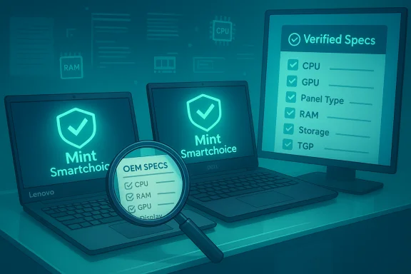 Mint Smartchoice laptops with a magnifying glass highlighting OEM specs beside a Verified Specs display. Mint Smartchoice laptops with a magnifying glass highlighting OEM specs beside a Verified Specs display.