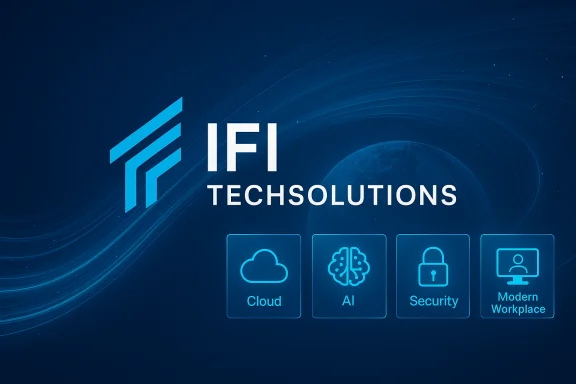IFI TechSolutions logo with Cloud, AI, Security, and Modern Workplace icons on a blue digital backdrop. IFI TechSolutions logo with Cloud, AI, Security, and Modern Workplace icons on a blue digital backdrop.