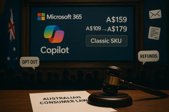 Gavel on a table as a slide shows Microsoft 365 Copilot pricing amid Australian consumer law imagery.