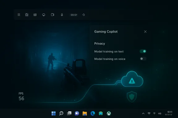Dark gaming HUD shows Privacy toggles for text/voice training over a first-person shooter scene. Dark gaming HUD shows Privacy toggles for text/voice training over a first-person shooter scene.