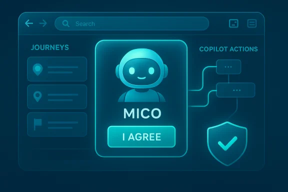 Neon blue UI mockup of the MICO chatbot with an 'I AGREE' button, beside journeys and copilots. Neon blue UI mockup of the MICO chatbot with an 'I AGREE' button, beside journeys and copilots.