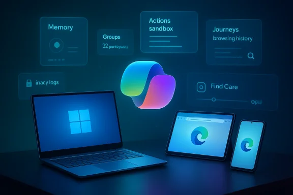 Multi-device workspace with Windows laptop and Edge on a tablet and phone, surrounded by holographic UI cards.