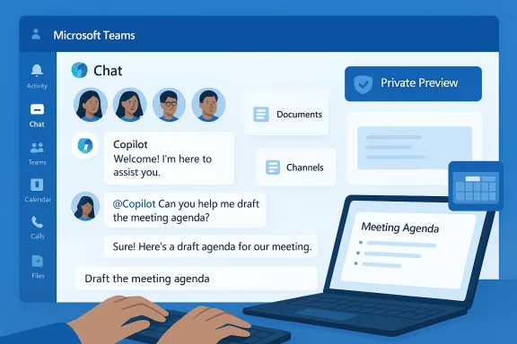 Microsoft Teams chat interface with avatars, messages, and a laptop showing a Meeting Agenda. Microsoft Teams chat interface with avatars, messages, and a laptop showing a Meeting Agenda.