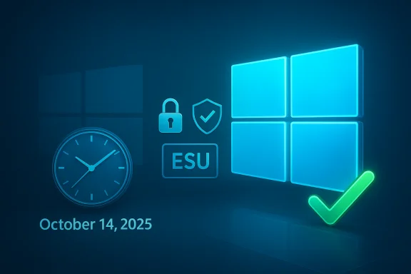 Neon Windows-themed security/update illustration with clock, lock, shield, ESU label, and green check. Neon Windows-themed security/update illustration with clock, lock, shield, ESU label, and green check.