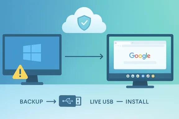 Windows backup to cloud, then a bootable live USB installer to install Chrome OS. Windows backup to cloud, then a bootable live USB installer to install Chrome OS.