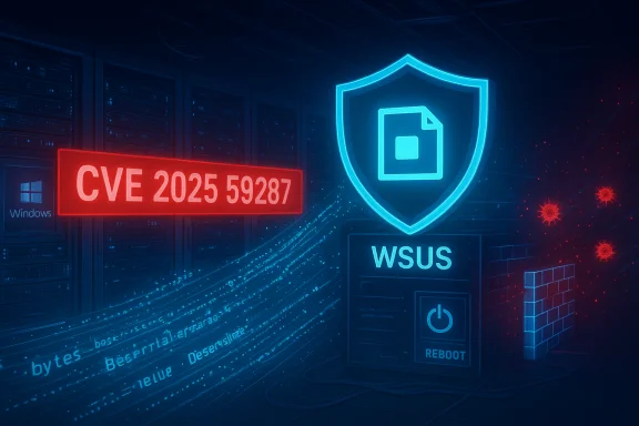 Neon security scene: red CVE 2025 59287 alert near Windows WSUS servers and a glowing shield. Neon security scene: red CVE 2025 59287 alert near Windows WSUS servers and a glowing shield.