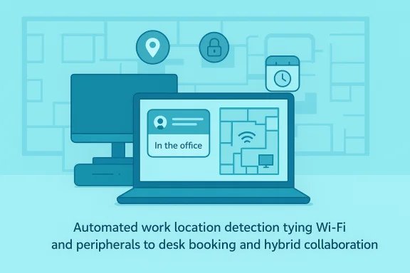 Automated work-location detection links Wi‑Fi and peripherals to desk booking for hybrid collaboration. Automated work-location detection links Wi‑Fi and peripherals to desk booking for hybrid collaboration.
