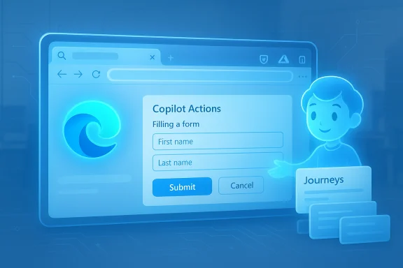 Blue illustration of Copilot Actions guiding form filling in a web browser. Blue illustration of Copilot Actions guiding form filling in a web browser.